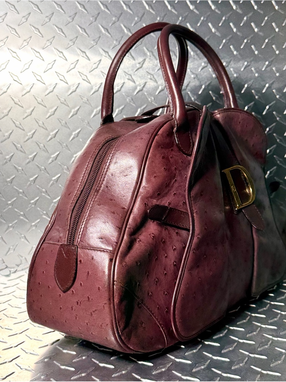 Christian Dior Vintage Ostrich Double Saddle Bowler Bag in Purple - Picture 11 of 14